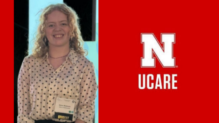 Red background with University of Nebraska logo and UCARE text next to Anna Mattson