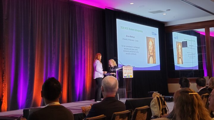 Anna Mattson receiving INCE Student Scholarship from Sarah Taubitz at NOISE-CON 2026